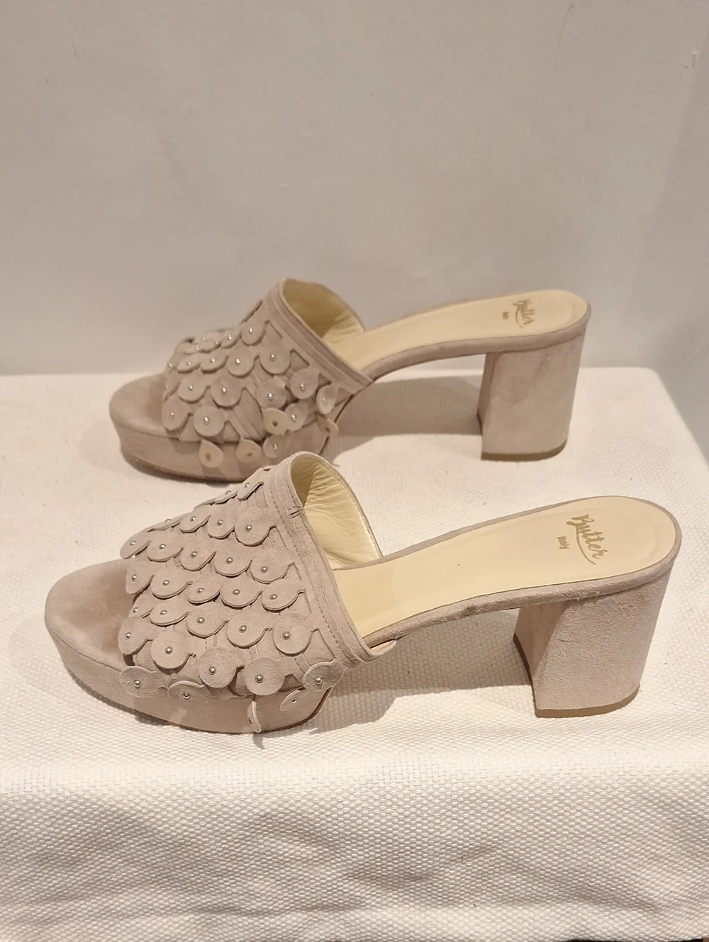 Butter Beige Suede Scallop Petal Platform Mules - Picture 6 of 8